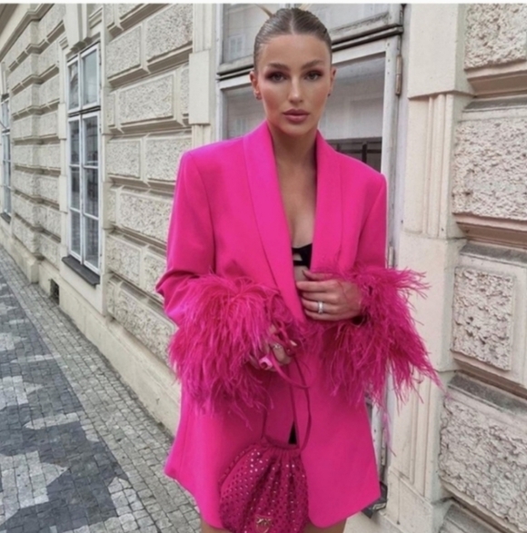 Zara Pink Feather Cuff Blazer Size S - Picture 2 of 14